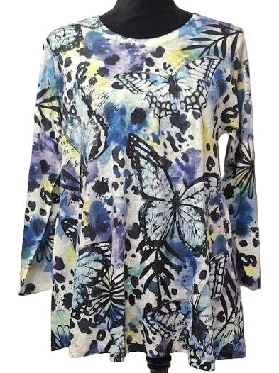 Shirt Pullover Blue Butterflies 3/4 Sleeve Multi Dog Honey C31401227