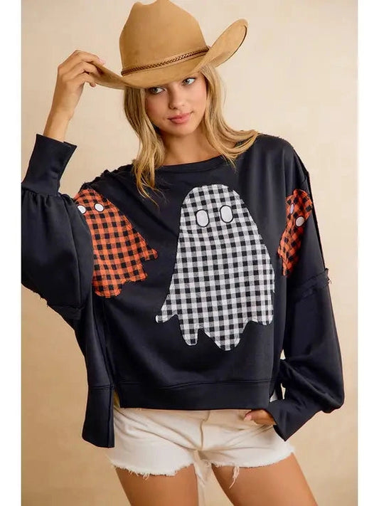 Sweatshirt Black/Orange Plaid Ghost Halloween Oversized Women'sIT3426H-62