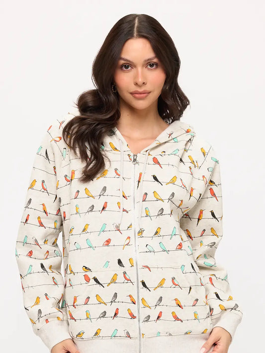 Jacket With Hood Zipper Front  Colorful Birds  Women's 2 Pocket H0158