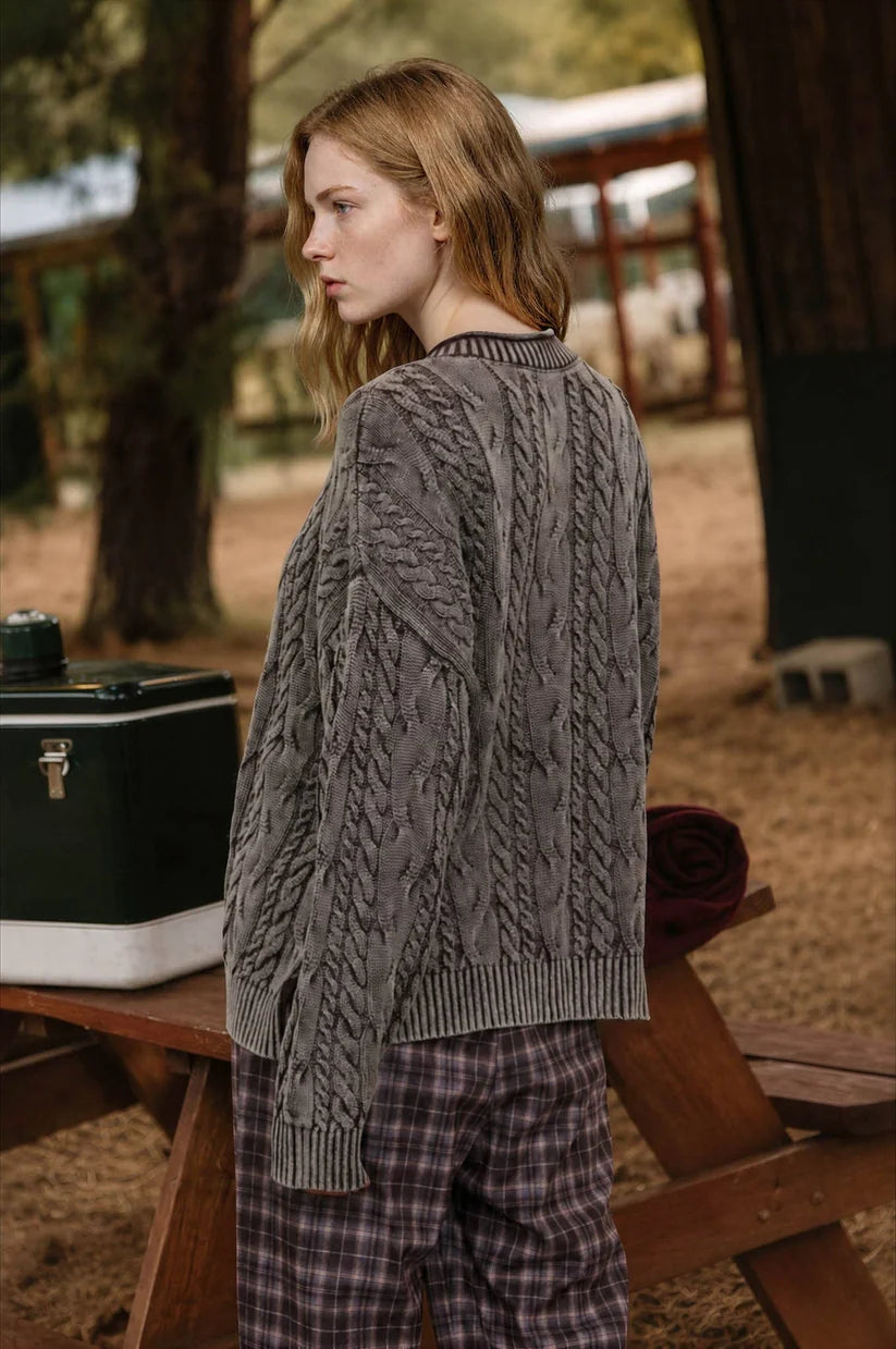 Cardigan Dark Brown Cable Knit Button Front Women's J6FJ1032