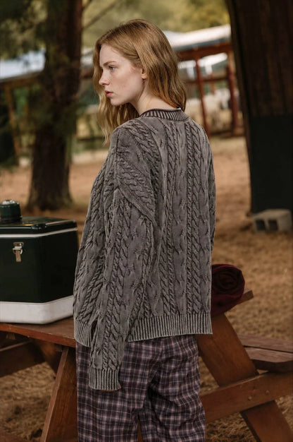 Cardigan Dark Brown Cable Knit Button Front Women's J6FJ1032