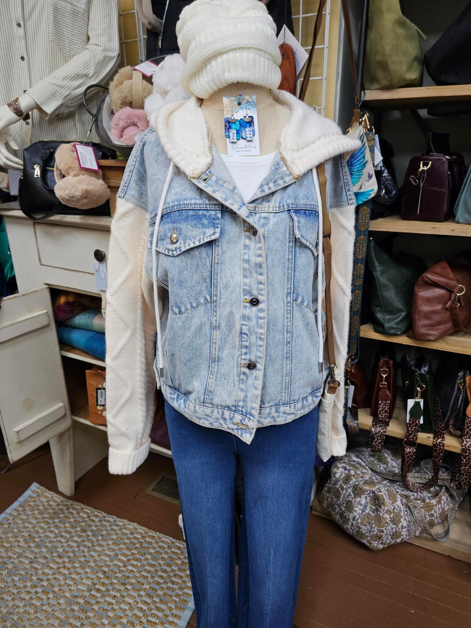 Denim Jacket with Knit Sweater Sleeves & Hood 