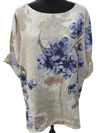 Top Pullover Floral Design  Linen  Beige / Blue Flower Color Women's