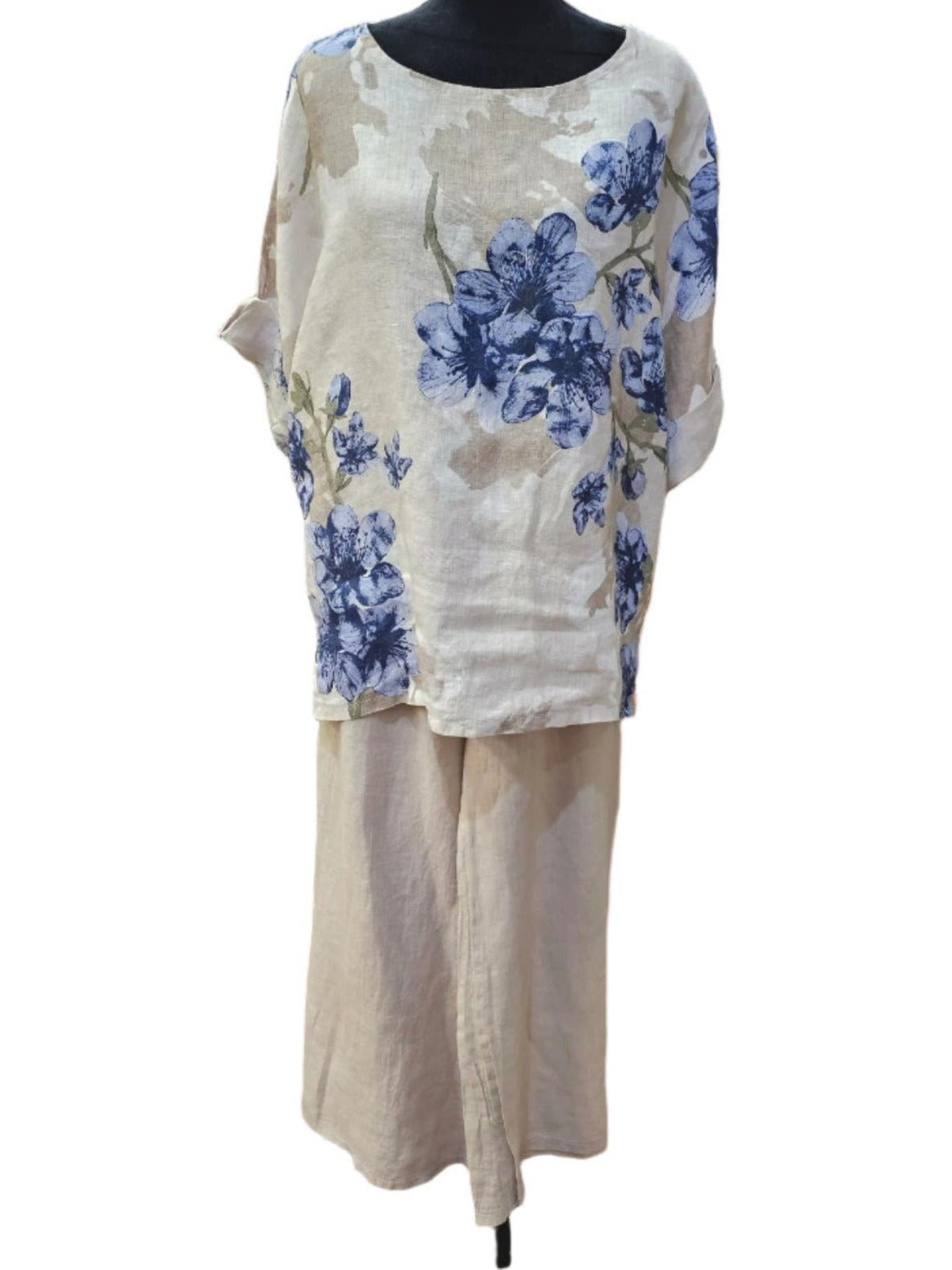 Top Pullover Floral Design  Linen  Beige / Blue Flower Color Women's