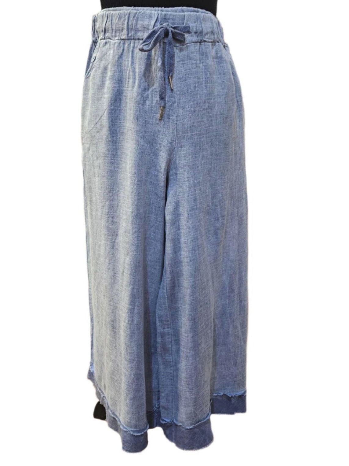 Pants Linen Side Pockets Blue Capri  Women's