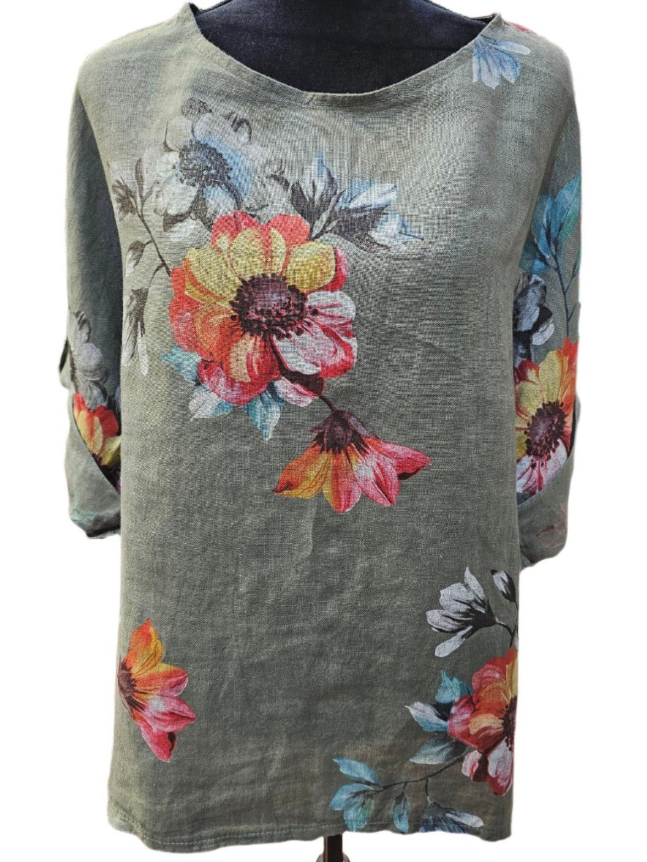 Top Pullover Floral Design  Linen Olive Green / Multi  Colors Women's