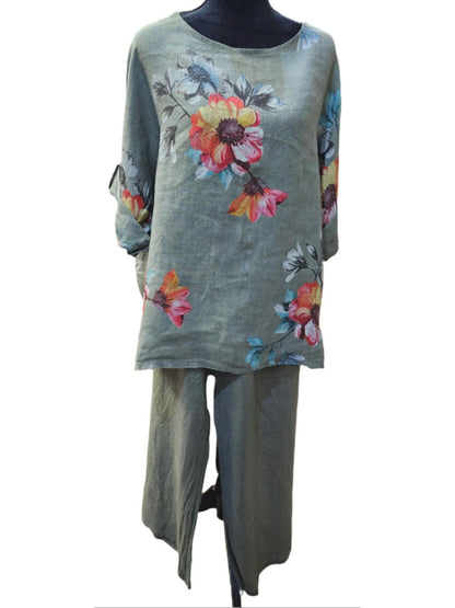Top Pullover Floral Design  Linen Olive Green / Multi  Colors Women's