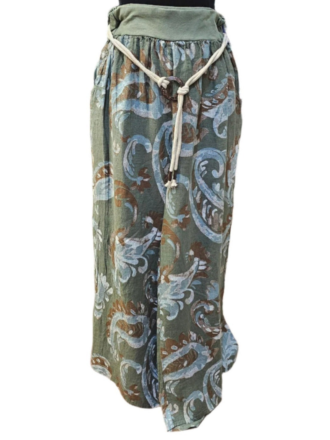 Pants Linen Olive Green Back ground Floral Design Wide Leg Side Pockets  Women's
