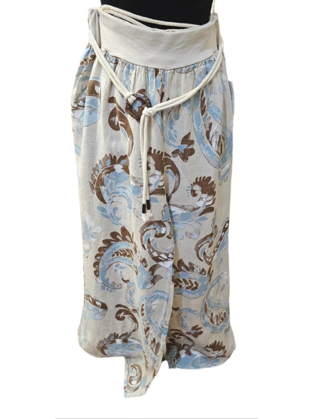 Pants Linen White Back ground Floral Design Button Wide Leg Side Pockets  Women's