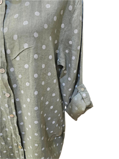 Dress Linen  Sage Green Polka Dots Side Pocket Women's  #17821