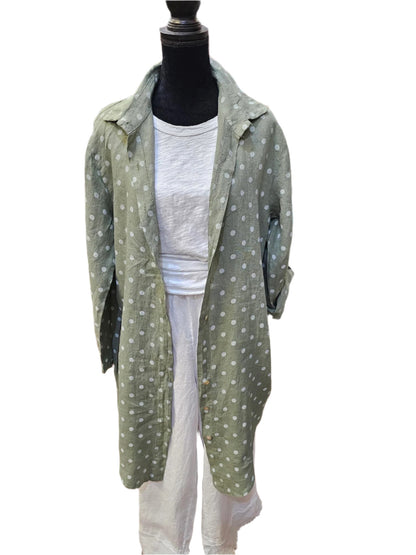 Dress Linen  Sage Green Polka Dots Side Pocket Women's  #17821