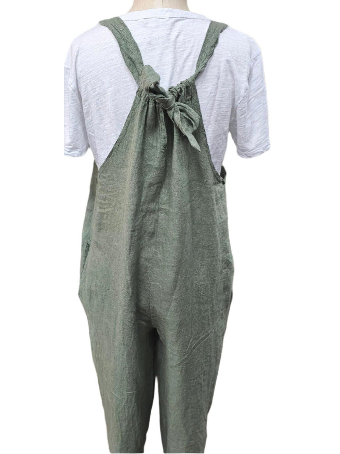 Jump Suit Olive Green Linen 2 Pocket Women's