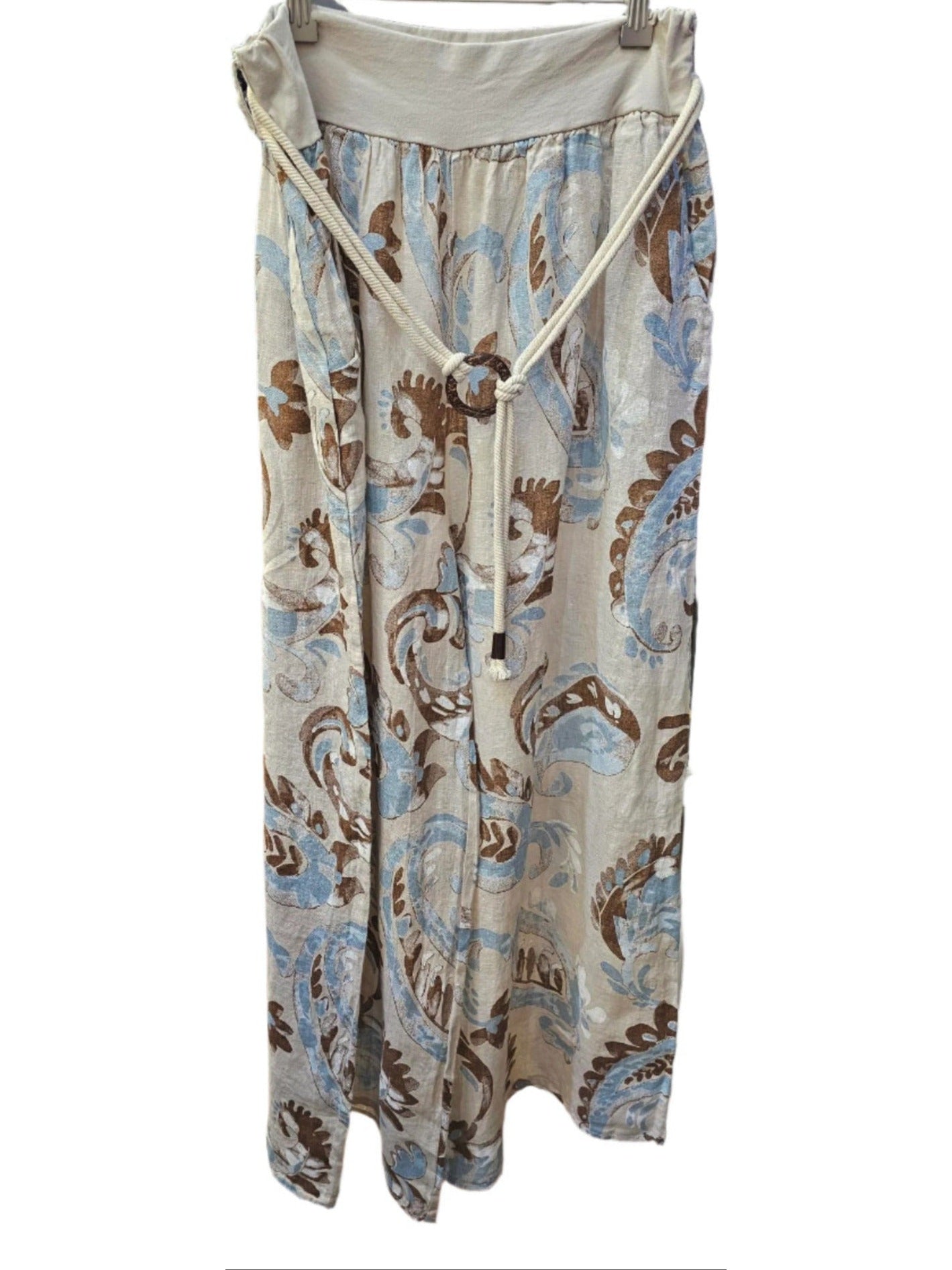 Pants Linen Beige Back ground Floral Design Wide Leg Side Pockets  Women's