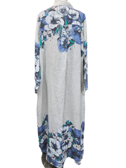 Dress Linen Long White Blue Button Front 2 Pocket  Women's