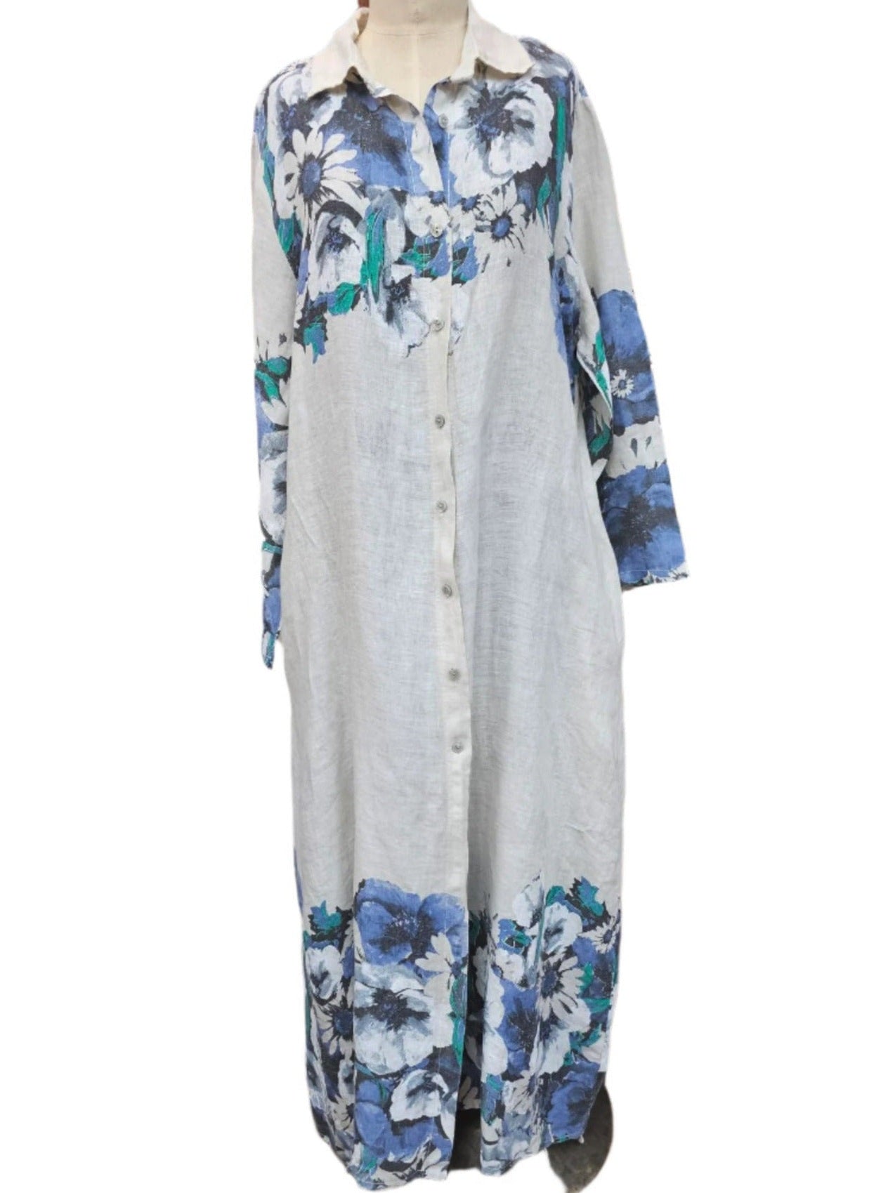 Dress Linen Long White Blue Button Front 2 Pocket  Women's