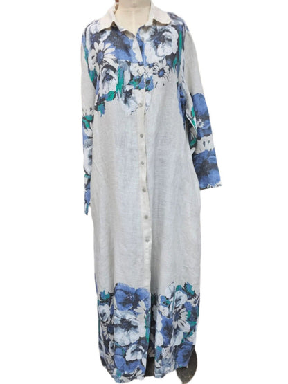 Dress Linen Long White Blue Button Front 2 Pocket  Women's