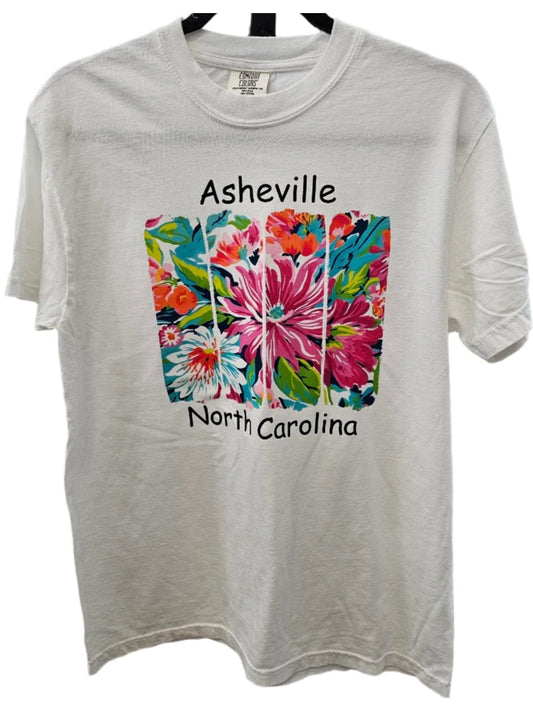 Tee Shirt Bright Flowers Short Sleeve Fun colors Asheville NC Logo Comfort Colors  White Tee 