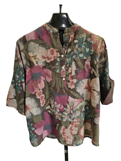 Top Pullover 3 Button 1Pocket Green/Red/Brown Floral Women's One Size 4702