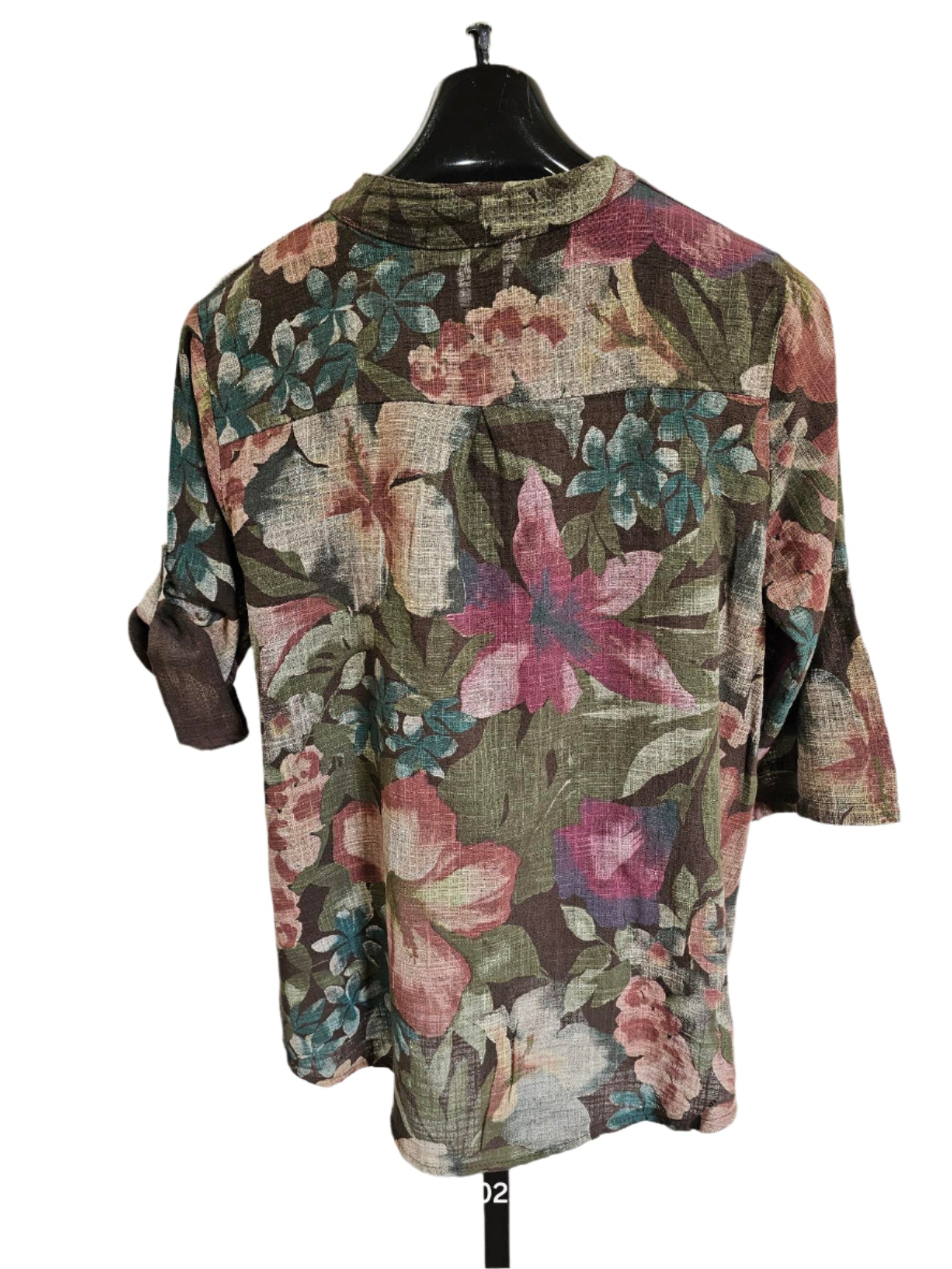 Top Pullover 3 Button 1Pocket Green/Red/Brown Floral Women's One Size 4702