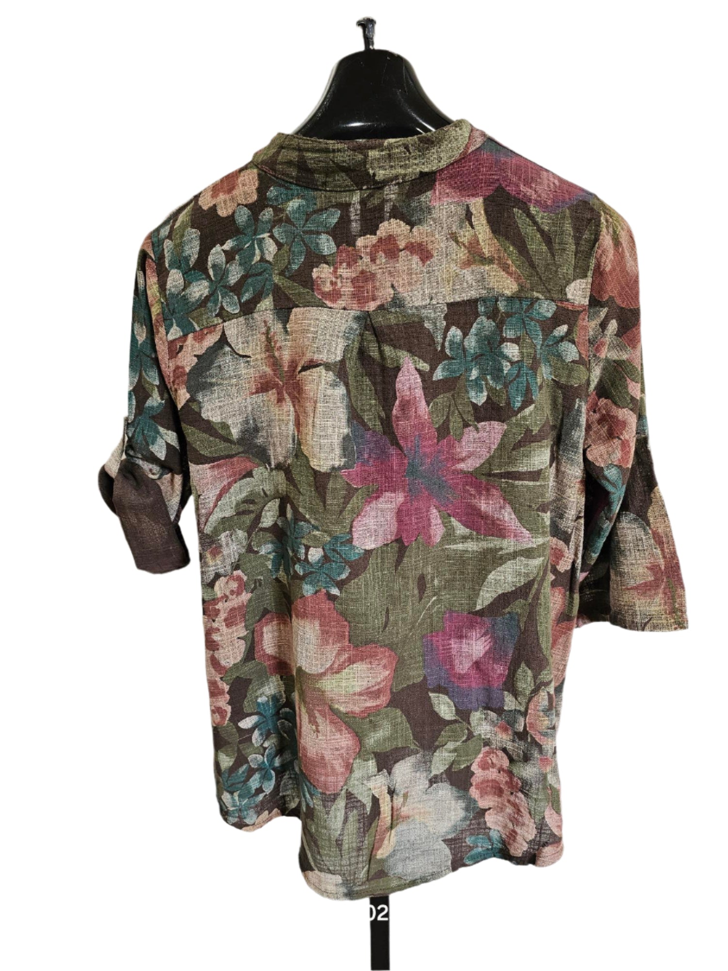 Top Pullover 3 Button 1Pocket Green/Red/Brown Floral Women's One Size 4702