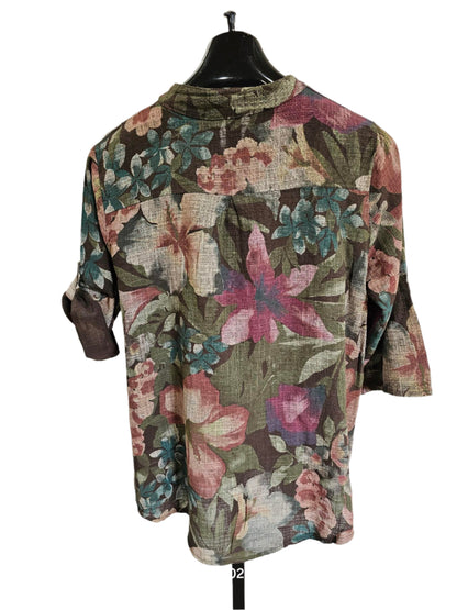Top Pullover 3 Button 1Pocket Green/Red/Brown Floral Women's One Size 4702