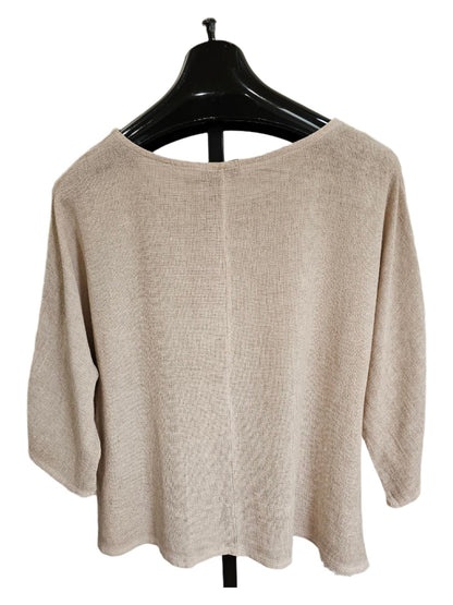 Top Pullover Beige Ruffled Gauze 3/4 Sleeve  Women's One Size 9902M