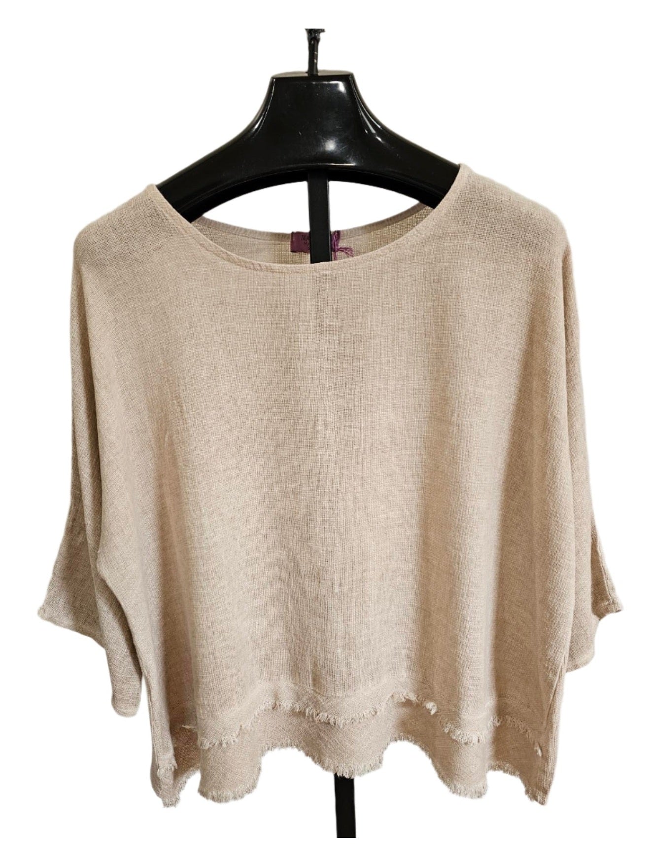 Top Pullover Beige Ruffled Gauze 3/4 Sleeve  Women's One Size 9902M