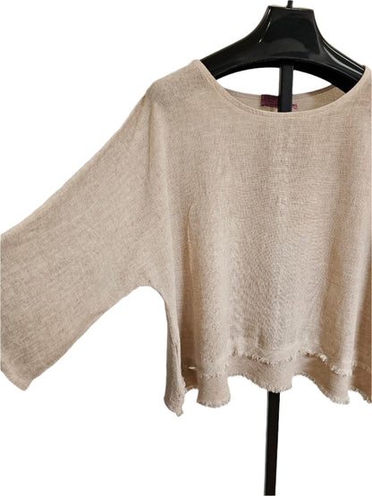 Top Pullover Beige Ruffled Gauze 3/4 Sleeve  Women's One Size 9902M