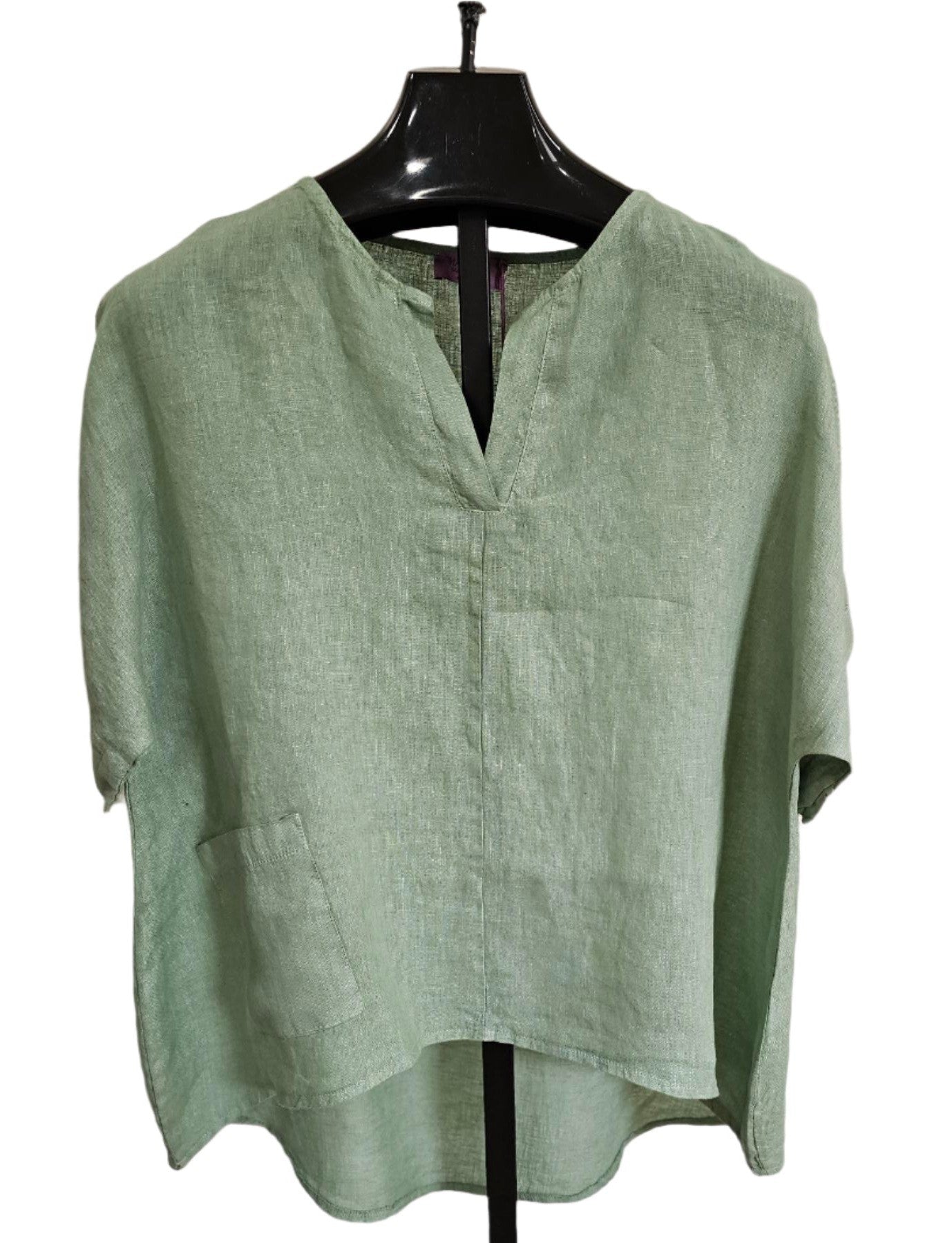 Top Pullover 1Pocket High Low Linen Short Sleeve Women's One Size 146051
