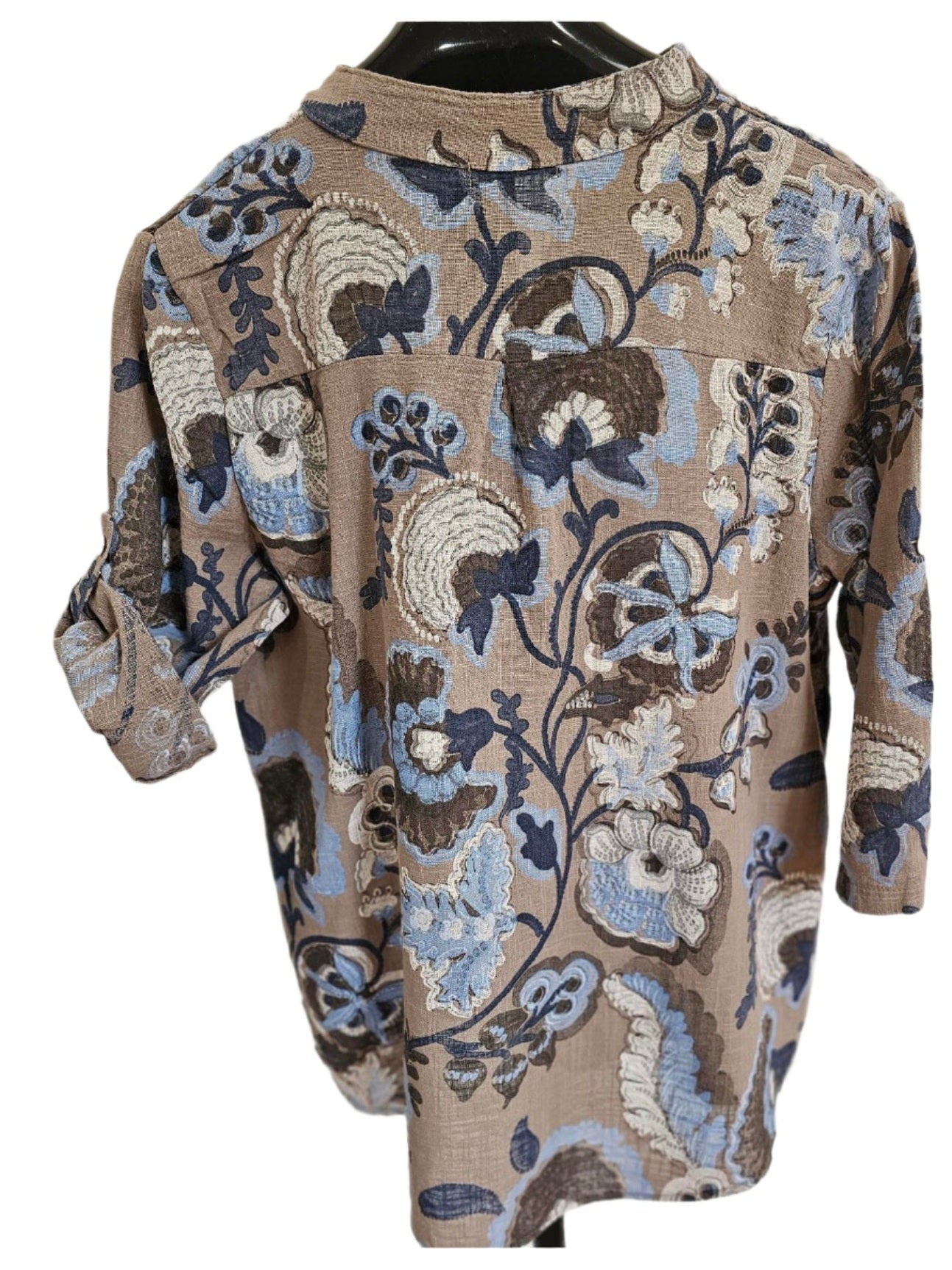 Top Pullover 3 Button 1Pocket Dark Tan/Blue Floral Women's One Size 4702