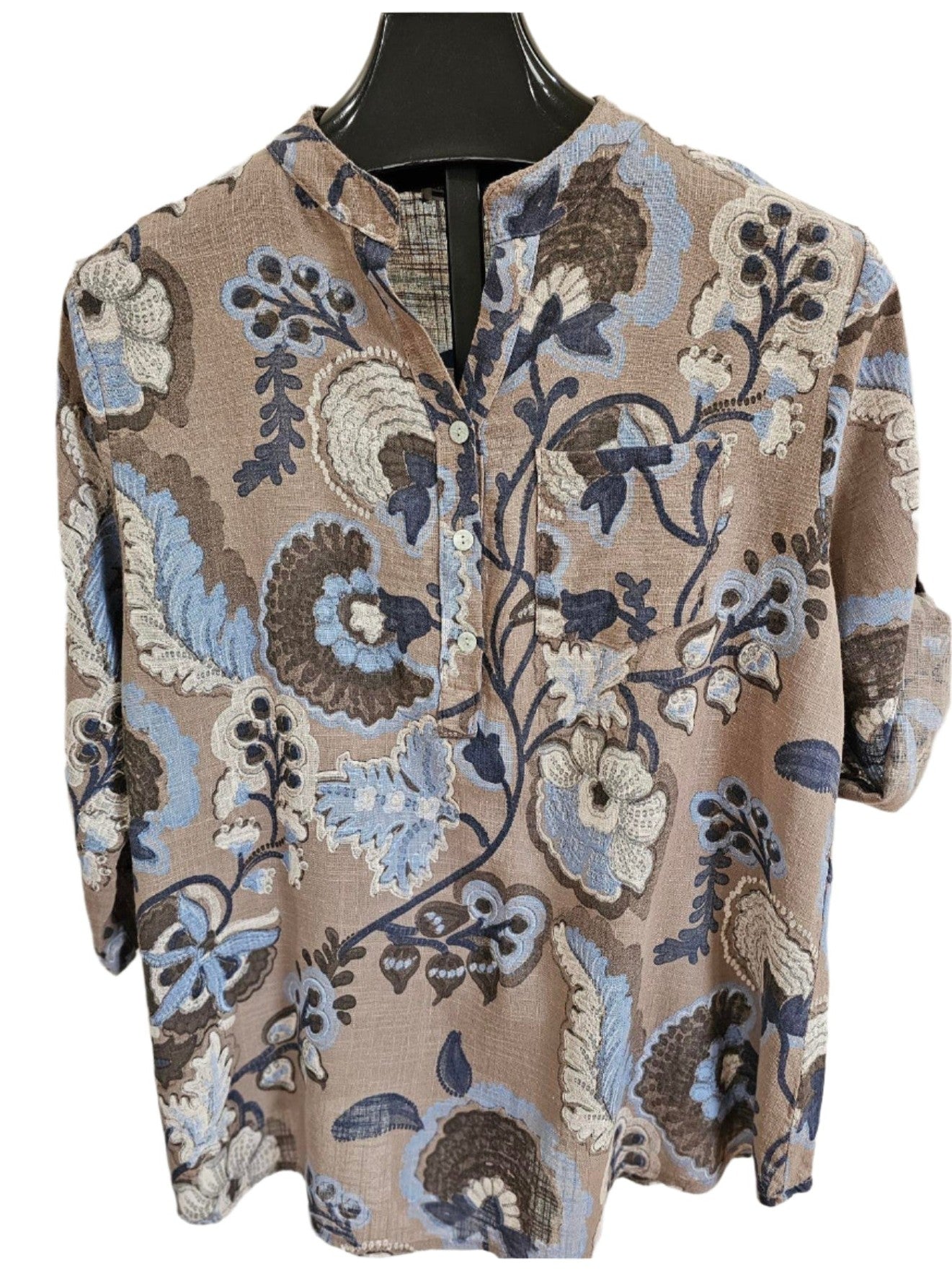 Top Pullover 3 Button 1Pocket Dark Tan/Blue Floral Women's One Size 4702