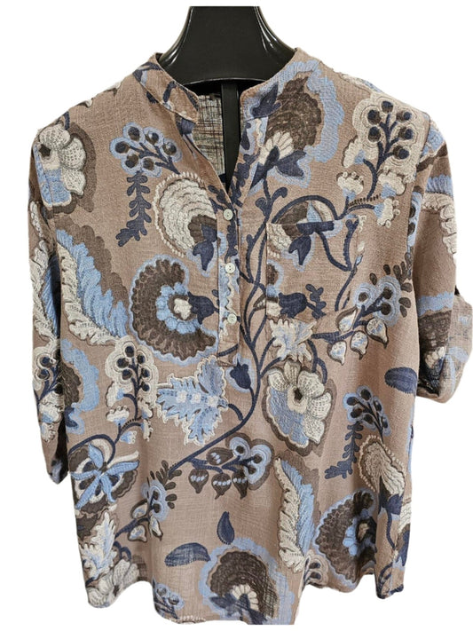 Top Pullover 3 Button 1Pocket Dark Tan/Blue Floral Women's One Size 4702