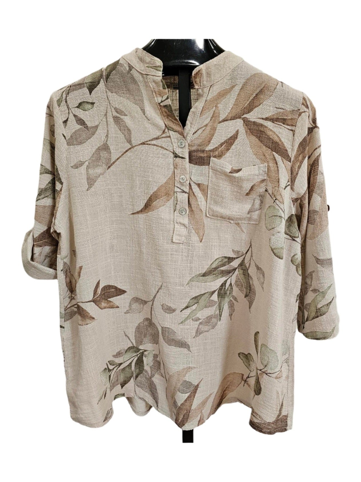 Top Pullover 3 Button 1 Pocket Light Tan Floral Women's One Size 4702