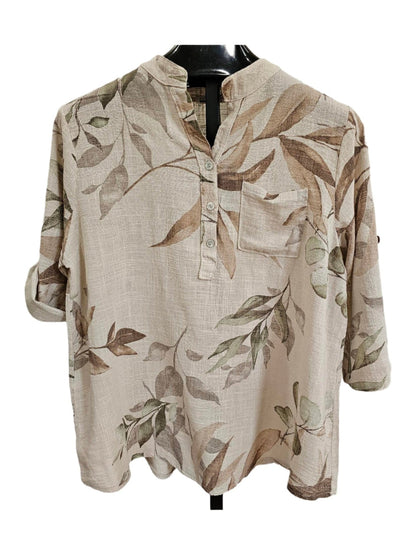 Top Pullover 3 Button 1 Pocket Light Tan Floral Women's One Size 4702