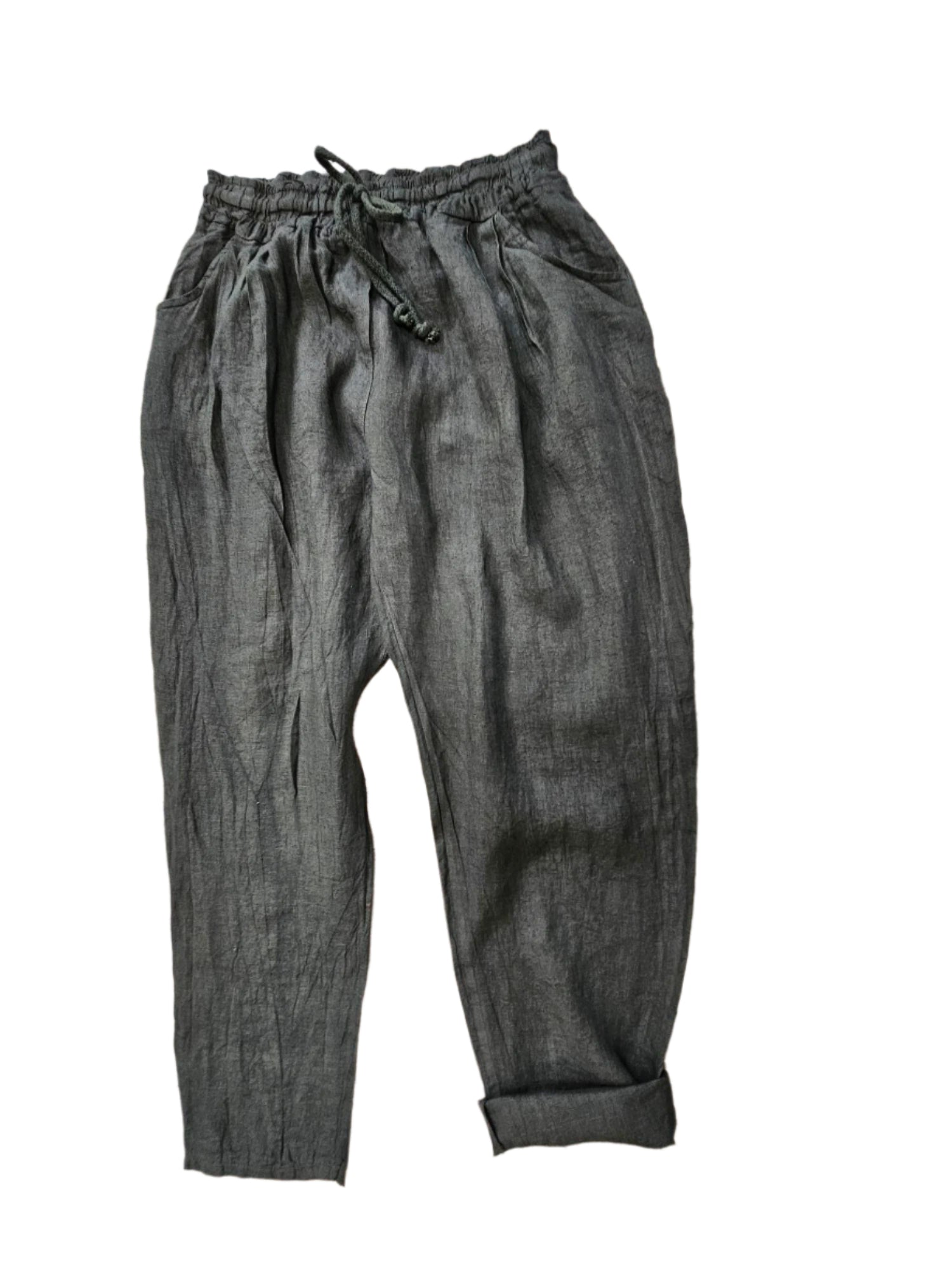 Pants Black Drawstring  Linen  4 Pocket  Women's One Size 9339