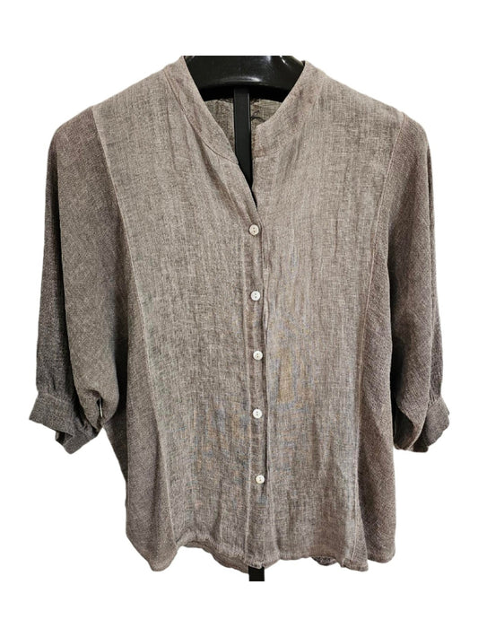 Top Beige 5 Button Front 3/4 Sleeve High/Low Linen Women's One Size 9230