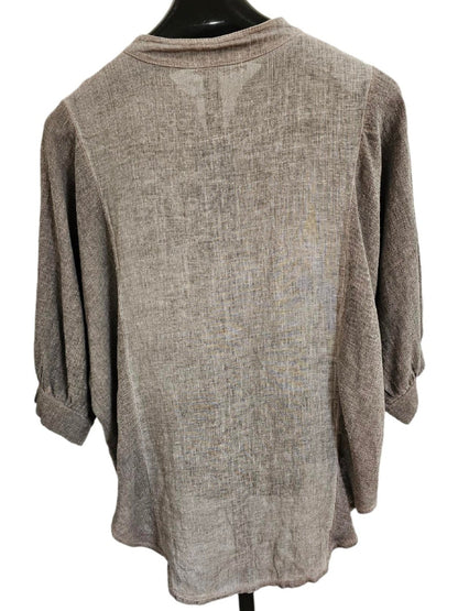 Top Beige 5 Button Front 3/4 Sleeve High/Low Linen Women's One Size 9230