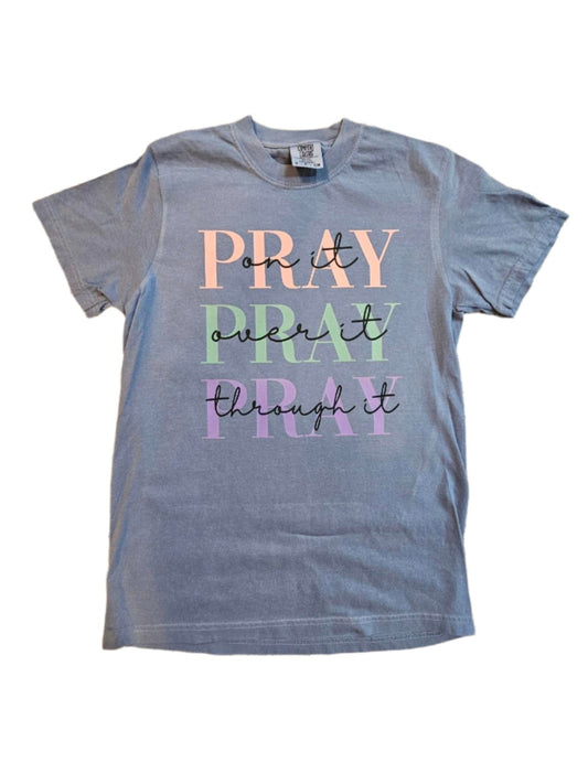 Tee Shirt Blue Pray On It Through It Over It Adult RTTSBPOI