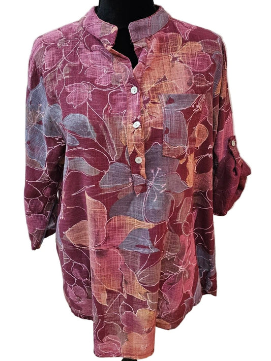 Top Pullover 3 Button 1Pocket Rose Floral Women's One Size 4702