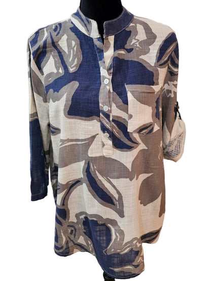 Top Pullover 3 Button 1Pocket Cream, Tan, Navy Floral Women's One Size 4702