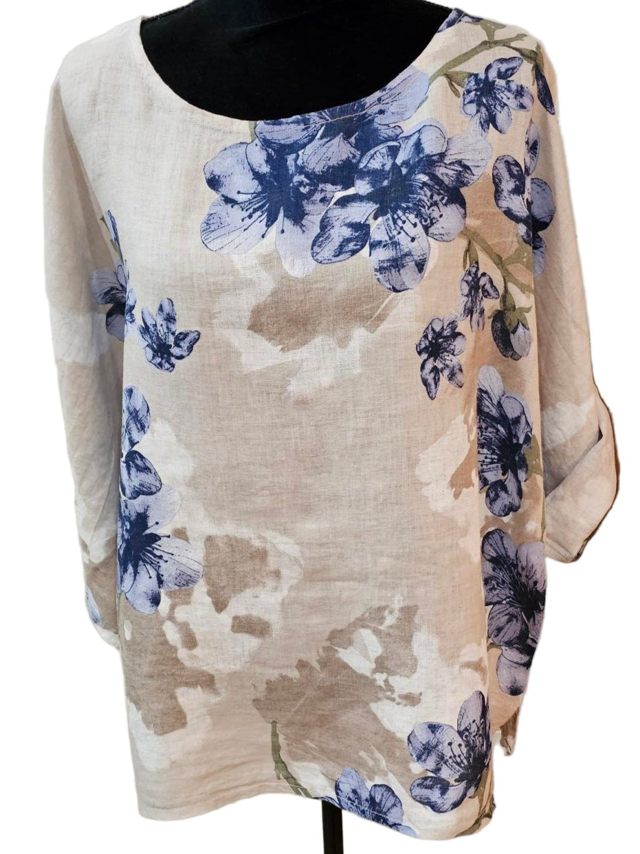 Top Pullover Floral Design  Linen Cream & Beige Multi  Colors Women's