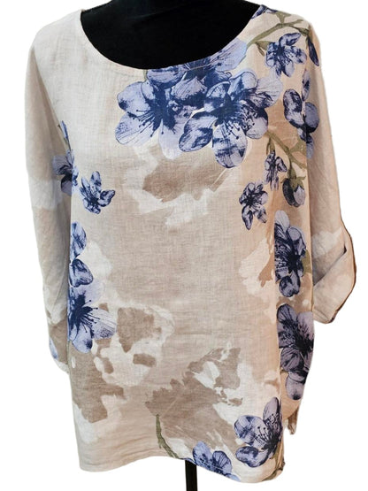 Top Pullover Floral Design  Linen Cream & Beige Multi  Colors Women's