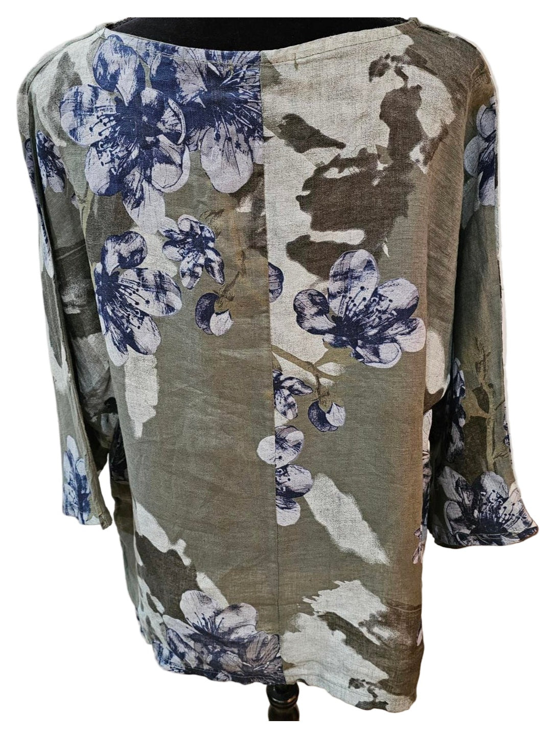 Top Pullover Floral Design  Linen Olive Green Multi  Colors Women's