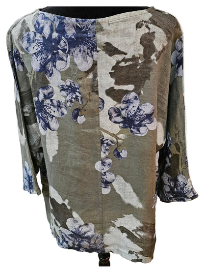 Top Pullover Floral Design  Linen Olive Green Multi  Colors Women's