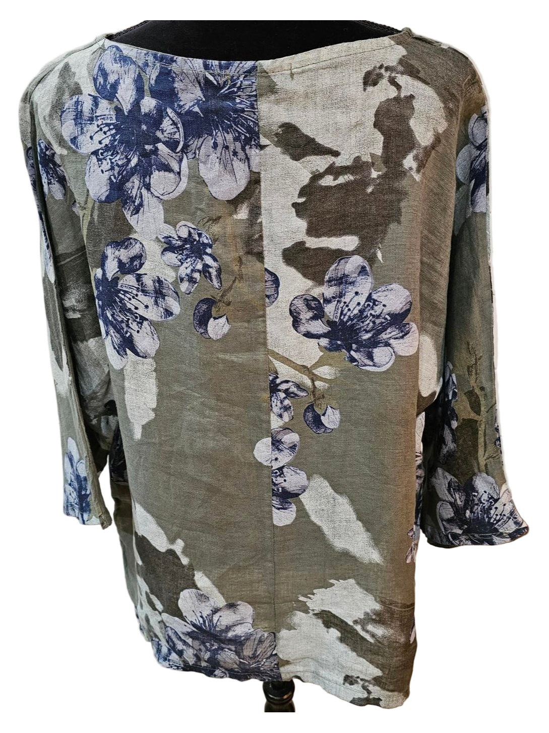 Top Pullover Floral Design  Linen Olive Green Multi  Colors Women's
