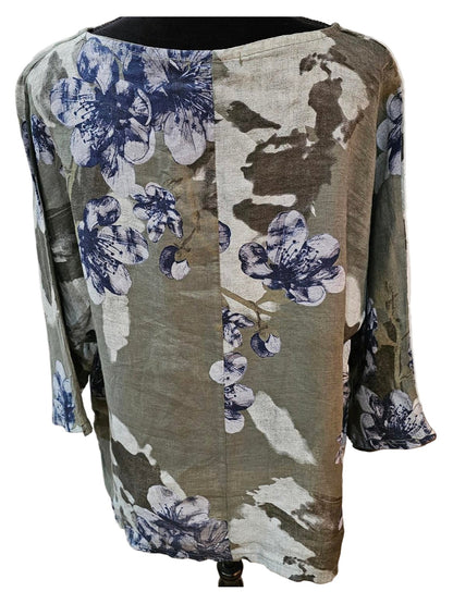 Top Pullover Floral Design  Linen Olive Green Multi  Colors Women's