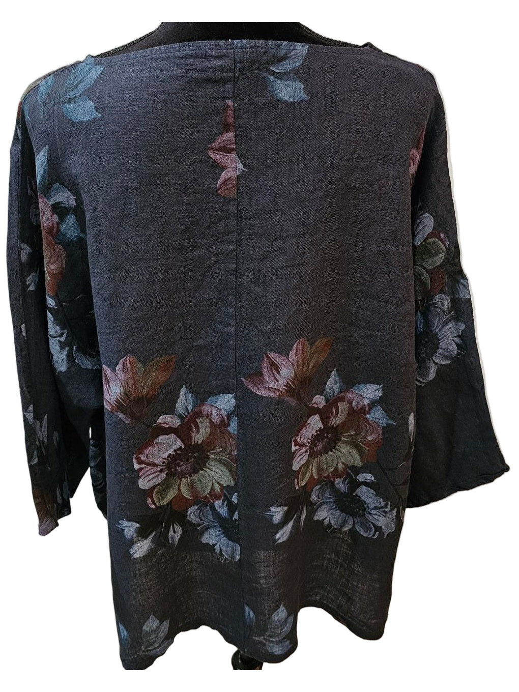Top Pullover Floral Design  Linen Navy Blue Multi  Colors Women's 