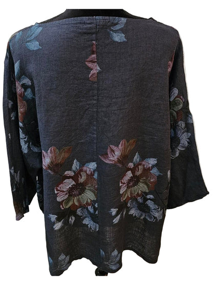 Top Pullover Floral Design  Linen Navy Blue Multi  Colors Women's 