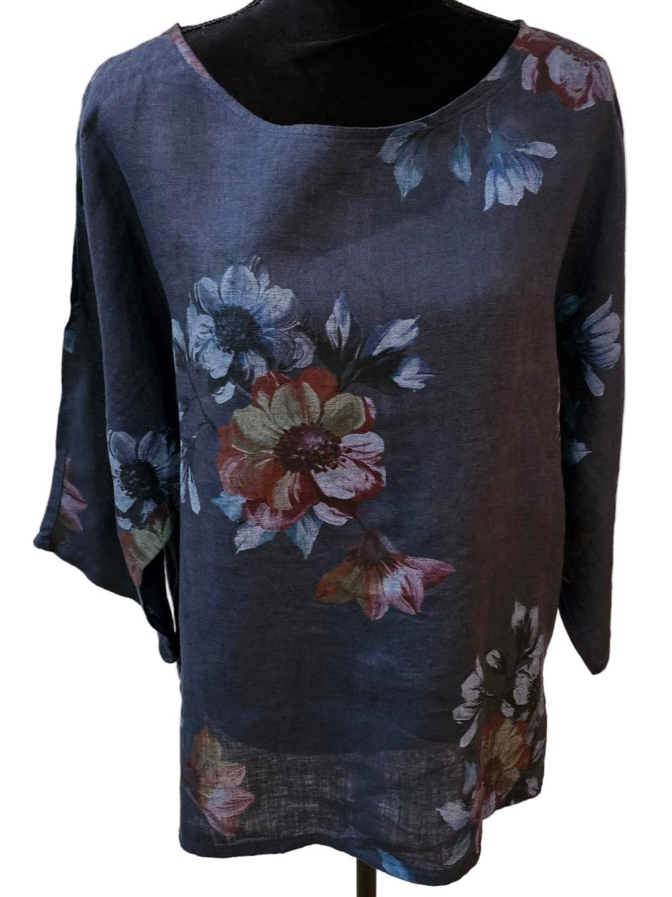 Top Pullover Floral Design  Linen Navy Blue Multi  Colors Women's 