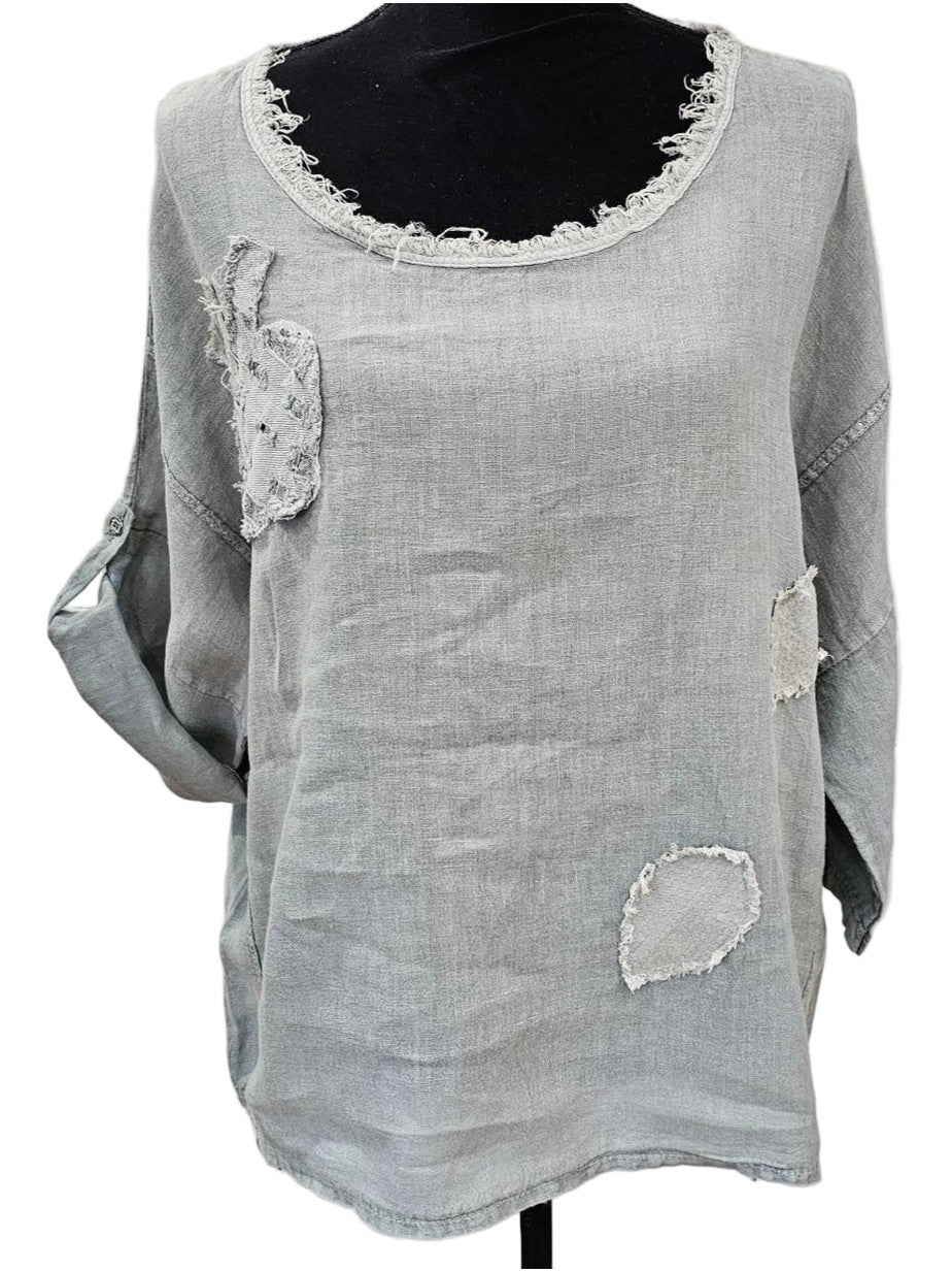 Top Pullover Round Neck Fridge Sequins on Details Grey/Green Sleeve Women's One Size 82103
